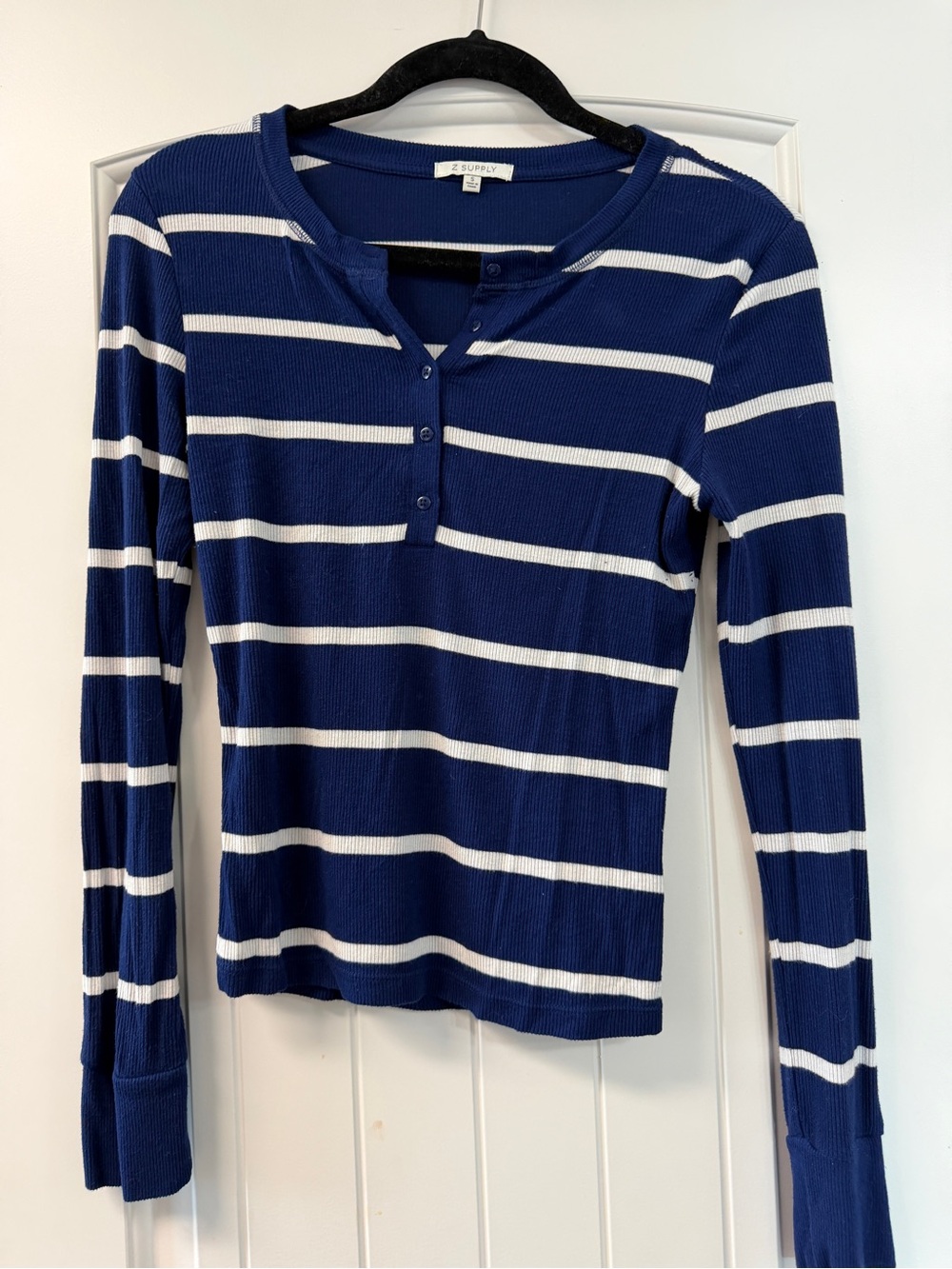 Z Supply Navy and White Striped Long Sleeve Henley